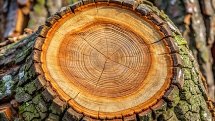 Poster - A close-up of a tree trunk's cross-section, revealing intricate growth rings and a textured bark surface.