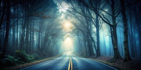 Poster - A winding road leads through a dense forest shrouded in mist, with sunlight filtering through the canopy creating a serene and mysterious atmosphere.