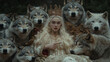 © Wasin Arsasoi - Wolf Queen: A captivating portrait of a woman with flowing blonde hair, adorned in a golden crown, surrounded by a pack of wolves. Her gaze is intense, and her hand points towards the viewer.