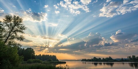 Wall Mural - softly glowing sunbeams dance across the serene summer sky, serene, waves, shimmering, green, peacef
