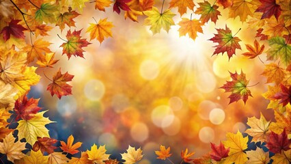 Poster - A vibrant frame of autumn leaves with a blurry background of bokeh lights and golden hues, perfect for seasonal designs and celebrations.