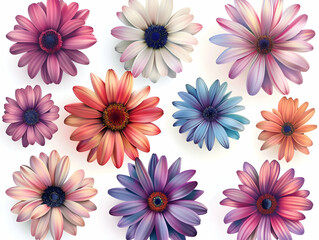 Poster - Set of colorful daisies on a white background, vector illustration. Detailed, realistic flowers. 