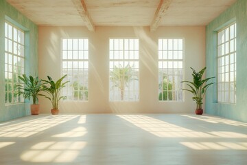 Poster - Sunlit Studio with Indoor Plants and Large Windows Highlighting Minimalist Elegance