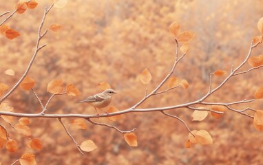 Poster - Autumn Birds Perched on Branch Amidst Orange Leaves in Soft Focus