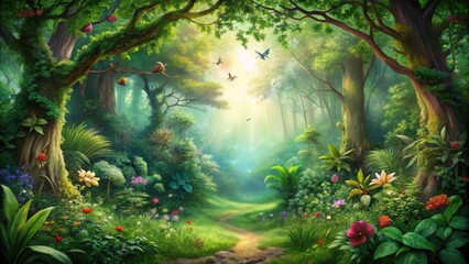 Poster - A mystical forest path leading into a sun-drenched clearing, with vibrant wildflowers and butterflies amidst towering trees.
