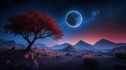 Wall Mural - a wide angle shot of a lunar eclipse over a dramatic landscape, with the partially eclipsed moon cas
