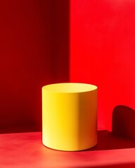 Poster - Minimalist Mockup with Yellow Cylinder on Red Background - Modern Color Contrast and Soft Lighting