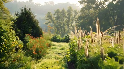 Wall Mural - serene garden path bathed in warm sunlight during the golden hour, filled with colorful flowers and 