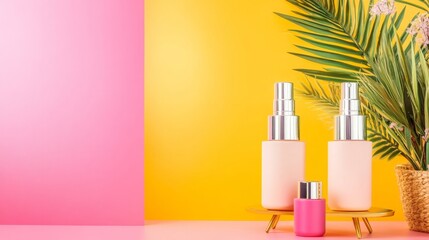Poster - Minimalist Skincare Display with Pastel Tones and Nature Elements in Soft Lighting