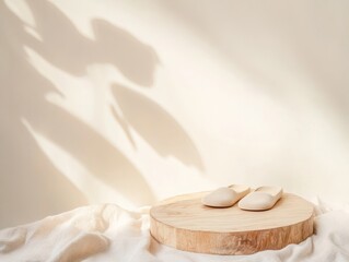 Poster - Minimalist Wooden Podium with Soft Beige Slippers for a Tranquil Easter or Earth Day Display