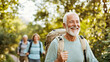 © VERTEX SPACE - Happy senior man hiking in nature with friends, enjoying outdoors and companionship. lush greenery and bright sunlight create joyful atmosphere