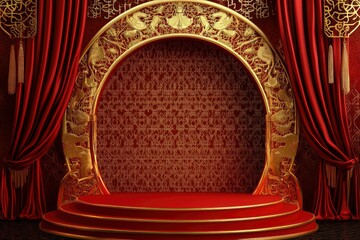 Wall Mural - 3d Chinese red podium stage with golden ornament arch and gold lattice. Realistic vector pedestal with curtains, round ornate arc adorned with intricate patterns. with generative ai