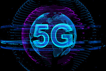 Leinwandbilder - Global connection and hi speed internet concept with digital 5g sign on dark background with world map globe. 3D rendering