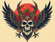 © Jet Green - Intricate artwork featuring a skull adorned with flowers and wings set against a red background