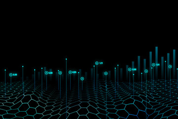 Poster - Big data and network connection concept with bright blue digital number indicators above hexagon wave on abstract dark background. 3D rendering