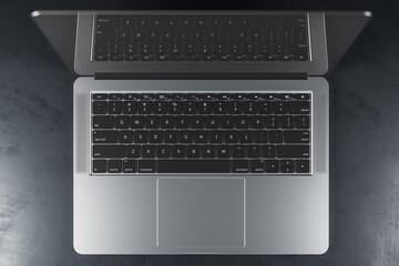 Poster - Top view on modern laptop with black keyboard and reflection on screen on abstract dark concrete surface. 3D rendering