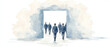 © Wonderful Studio - A group of figures in suits walk through a misty doorway, symbolizing transition, opportunity, and new beginnings in a professional context.