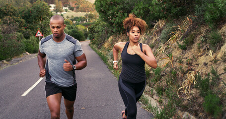 Poster - Couple, runner and road in nature with training, speed and outdoor with progress, fitness and wellness. Woman, man and partnership with workout, exercise and challenge by mountains in Costa Rica