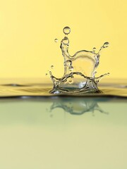 Wall Mural - Water drop collision creating a splash on bright yellow background, fluid, background, water