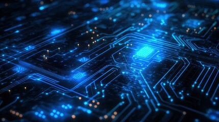 Poster - Close-up of a Blue Glowing Circuit Board with Integrated Circuit