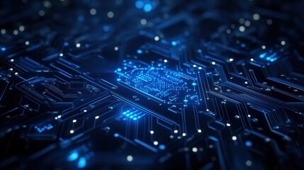 Aufkleber - Close-up of a glowing blue circuit board with intricate pathways and connections.