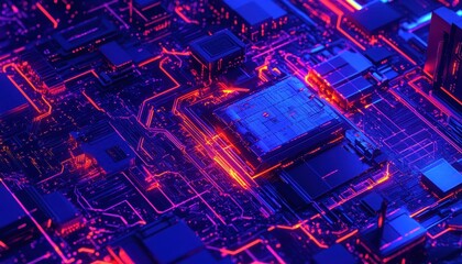 Poster - Close-up of a Circuit Board with Neon Lights