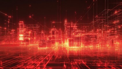 Poster - Red Neon Cityscape With Interconnected Lines