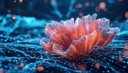 Poster - Abstract Orange Flower on Blue Glowing Network
