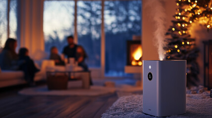 Humidifier in Cozy Living Room with Family by the Fireplace, Enhancing Indoor Comfort During Winter - Image made using Generative AI