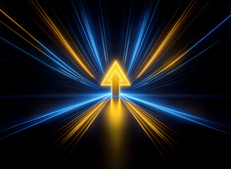 Aufkleber - a glowing yellow arrow points upward in a black void, surrounded by radiating lines of blue and yell