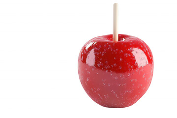 A single red candy apple on a white stick The apple is glossy and has a white sugar coating, isolated on transparent or white background