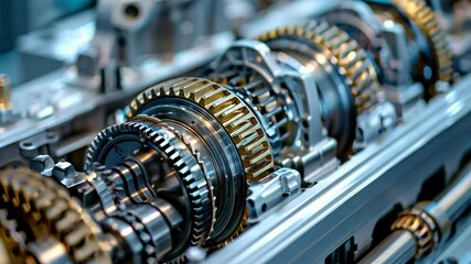 Poster - This captivating journey showcases the craftsmanship of a gearbox assembly, highlighting the intricate gears and machinery involved in precise engineering at dawn, revealing stunning metallic details.