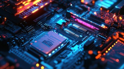 Poster - Close-up of a microprocessor on a circuit board, showcasing intricate details and a vibrant blue glow in a tech environment.
