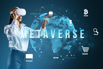 Poster - Woman using VR headset interacting with holographic metaverse icons on digital background, representing virtual reality concept.