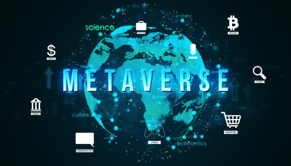 Poster - Metaverse concept with virtual icons on a digital world map backdrop. 3D Rendering