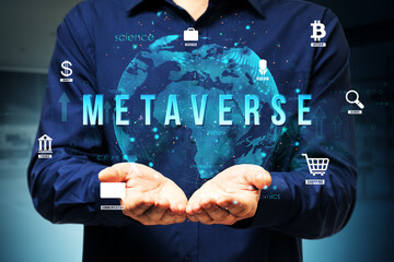 Poster - Hands presenting Metaverse with digital icons and holographic world map in the background. Concept of virtual reality and technology.