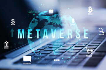 Poster - Metaverse concept with icons and holographic globe over laptop keyboard, representing digital and virtual business world.