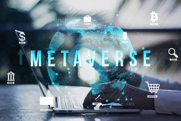 Poster - Metaverse concept with holographic icons over a globe and a laptop on a blurred background.