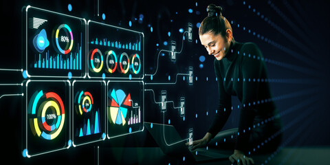 Canvas Print - Businesswoman Analyzing Financial Data on Digital Interface.