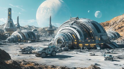 Wall Mural - futuristic spaceport on a rocky exoplanet with a large moon