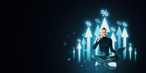 Aufkleber - Woman sitting with laptop surrounded by upward arrows and percentages in a dark background.