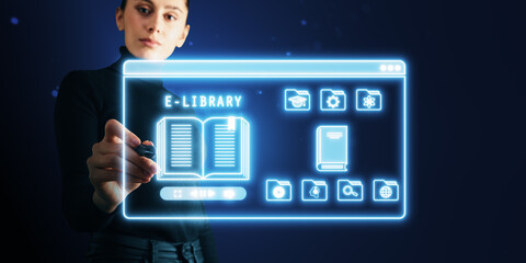 Poster - Woman interacting with digital e-library interface, futuristic concept.