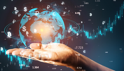 Poster - Digital globe with currency symbols and hand on blue background.