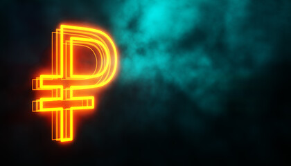 Aufkleber - Neon Russian Ruble Sign on Abstract Background with Light and Smoke Effects. 3D Rendering