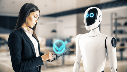 Poster - Businesswoman interacting with humanoid robot holding a tablet inside an office.