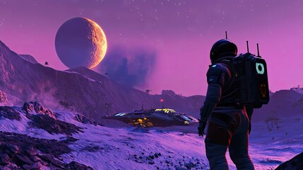 Wall Mural - astronaut on an alien planet with a large moon and a spaceship