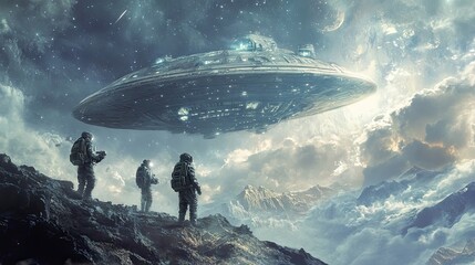 Wall Mural - three astronauts witnessing a ufo over a mountainous landscape