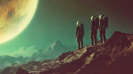 Wall Mural - three astronauts on a rocky alien planet with a large moon in the background