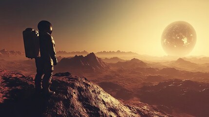 Wall Mural - an astronaut standing on a rocky planet with a large sun in the distance