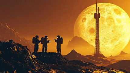Wall Mural - three astronauts standing on a rocky landscape with a giant moon and a tower in the background